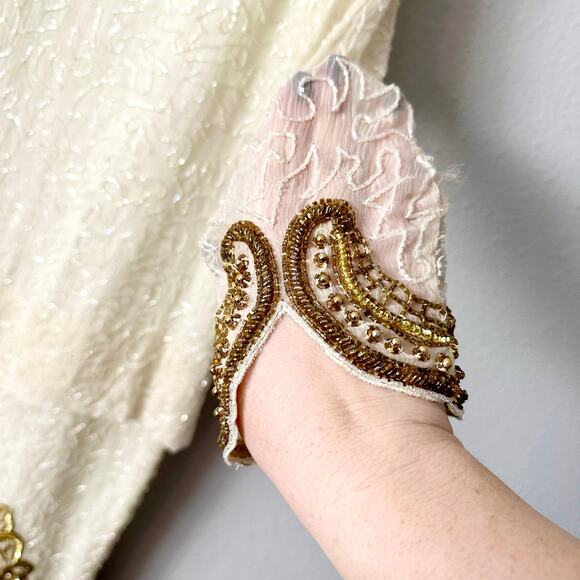 Vintage Night Vogue Cream Silk Beaded Gold Ornate Dress Women’s Size Medium - Picture 3 of 15